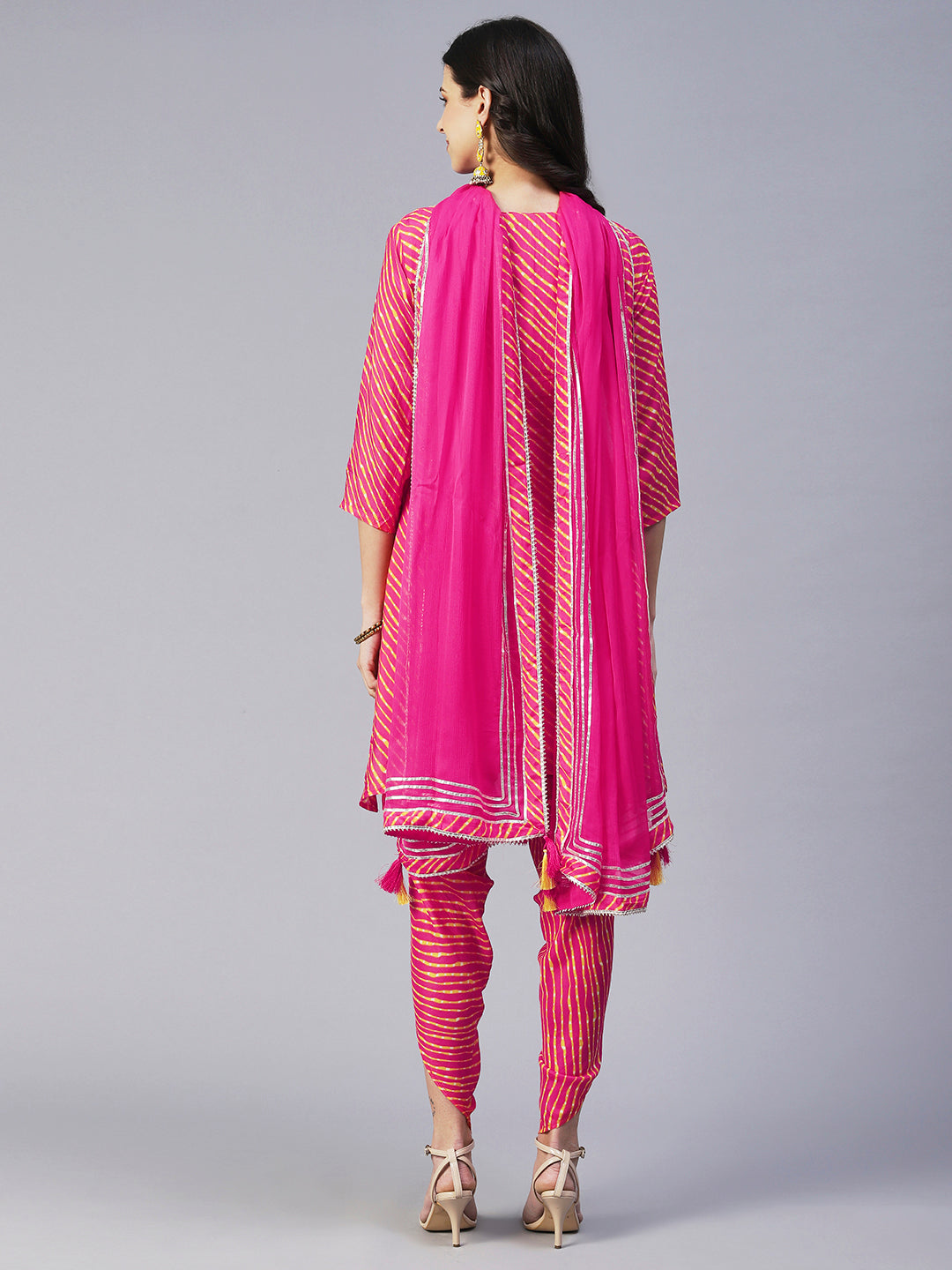Leheriya Printed & Hand Embroidered Straight Kurta with Pant & Dupatta - Pink