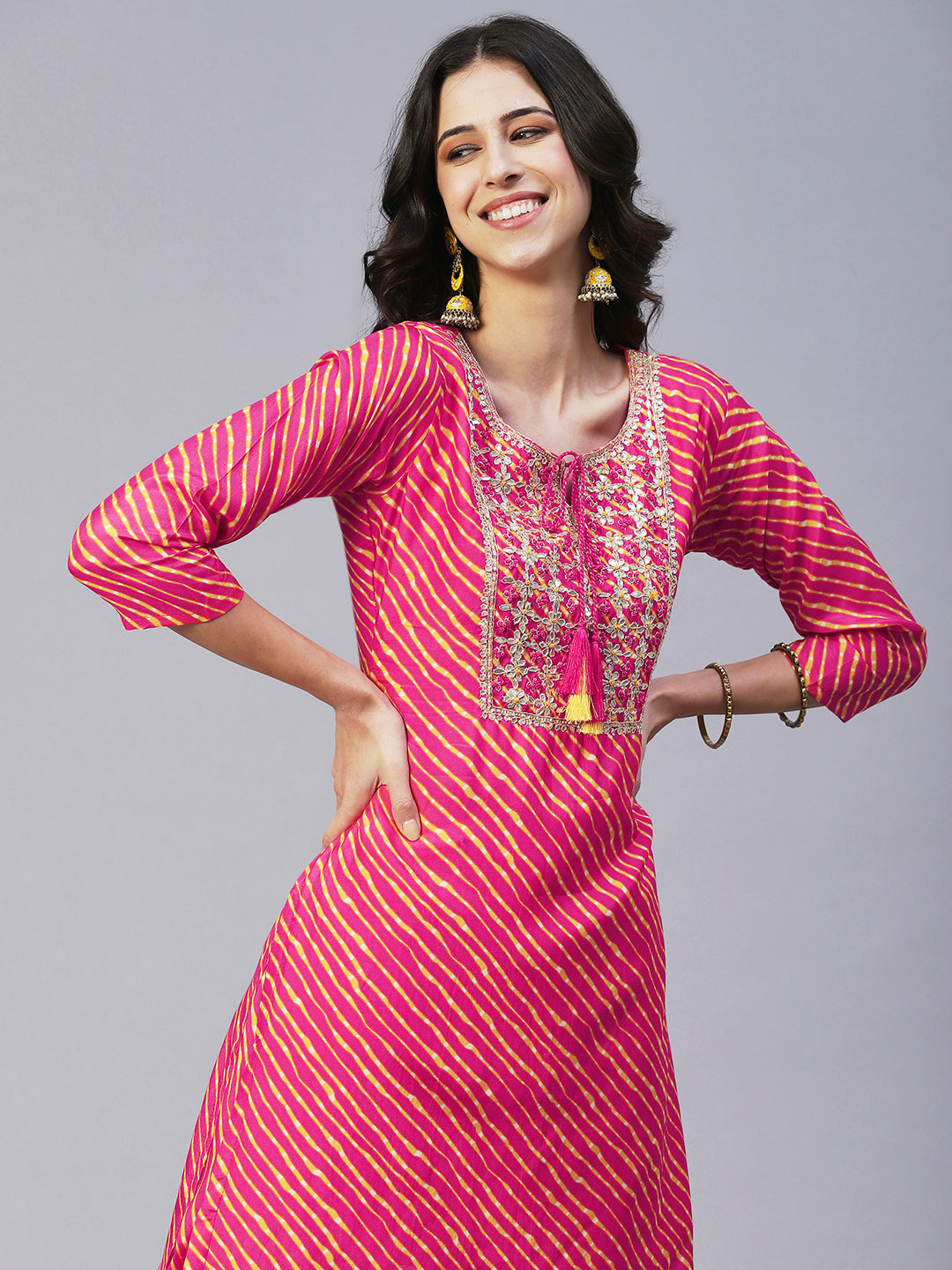Leheriya Printed & Hand Embroidered Straight Kurta with Pant & Dupatta - Pink