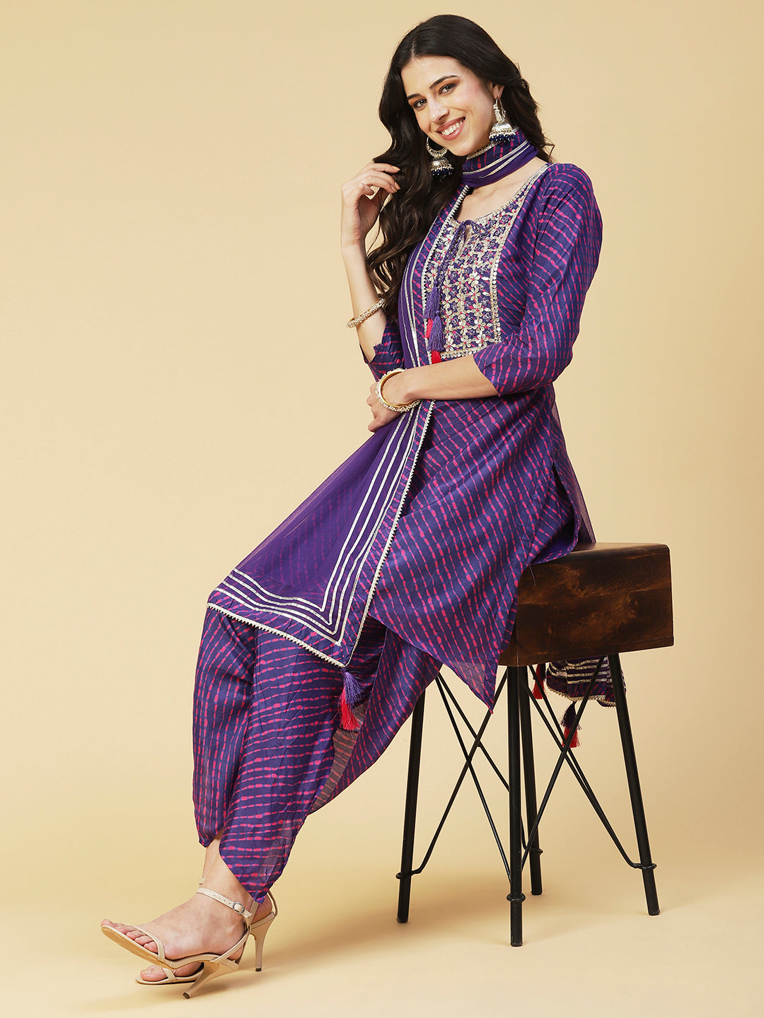 Leheriya Printed & Hand Embroidered Straight Kurta with Pant & Dupatta - Purple