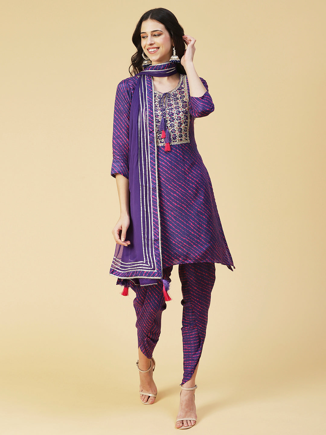 Leheriya Printed & Hand Embroidered Straight Kurta with Pant & Dupatta - Purple