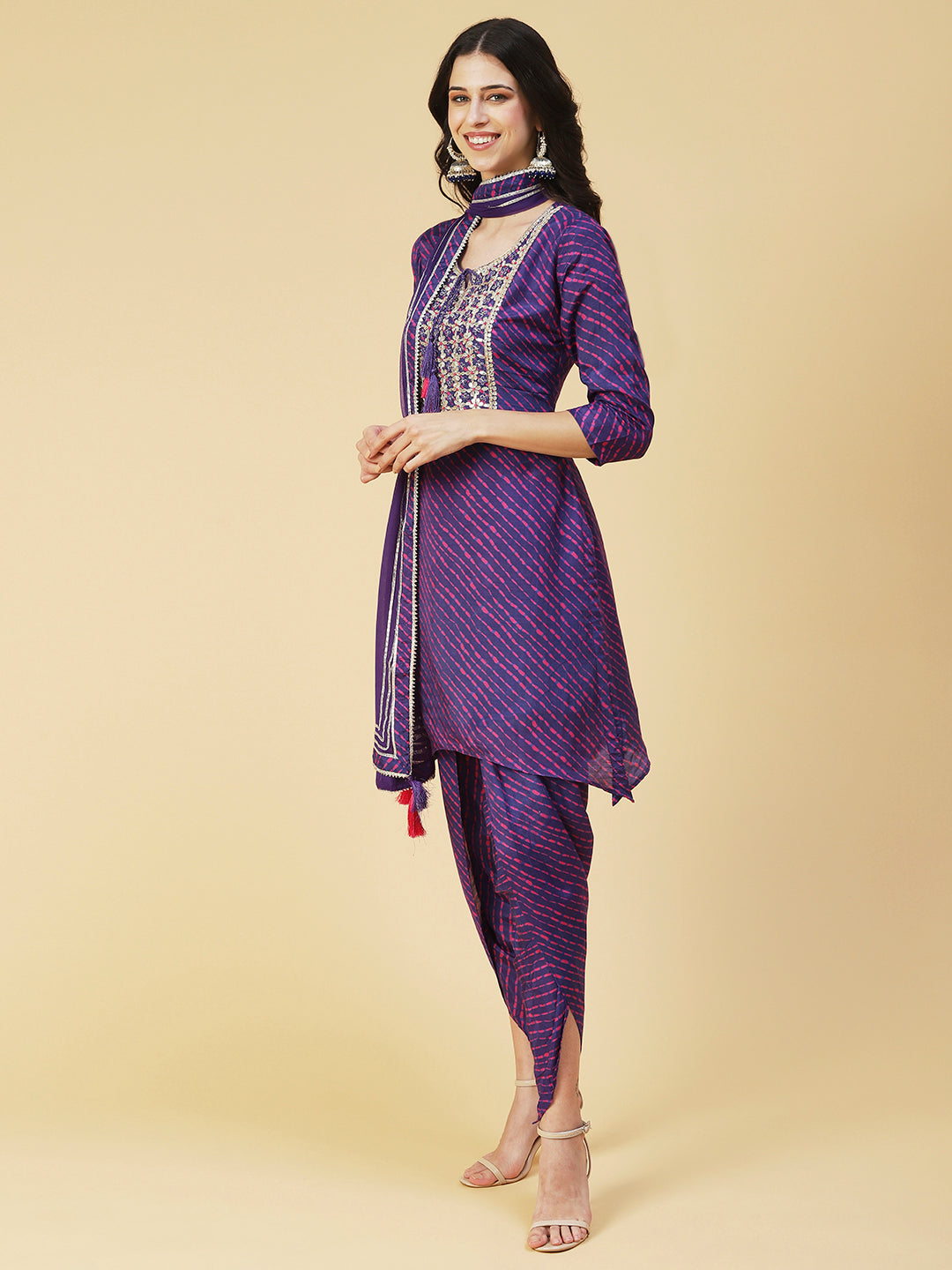 Leheriya Printed & Hand Embroidered Straight Kurta with Pant & Dupatta - Purple