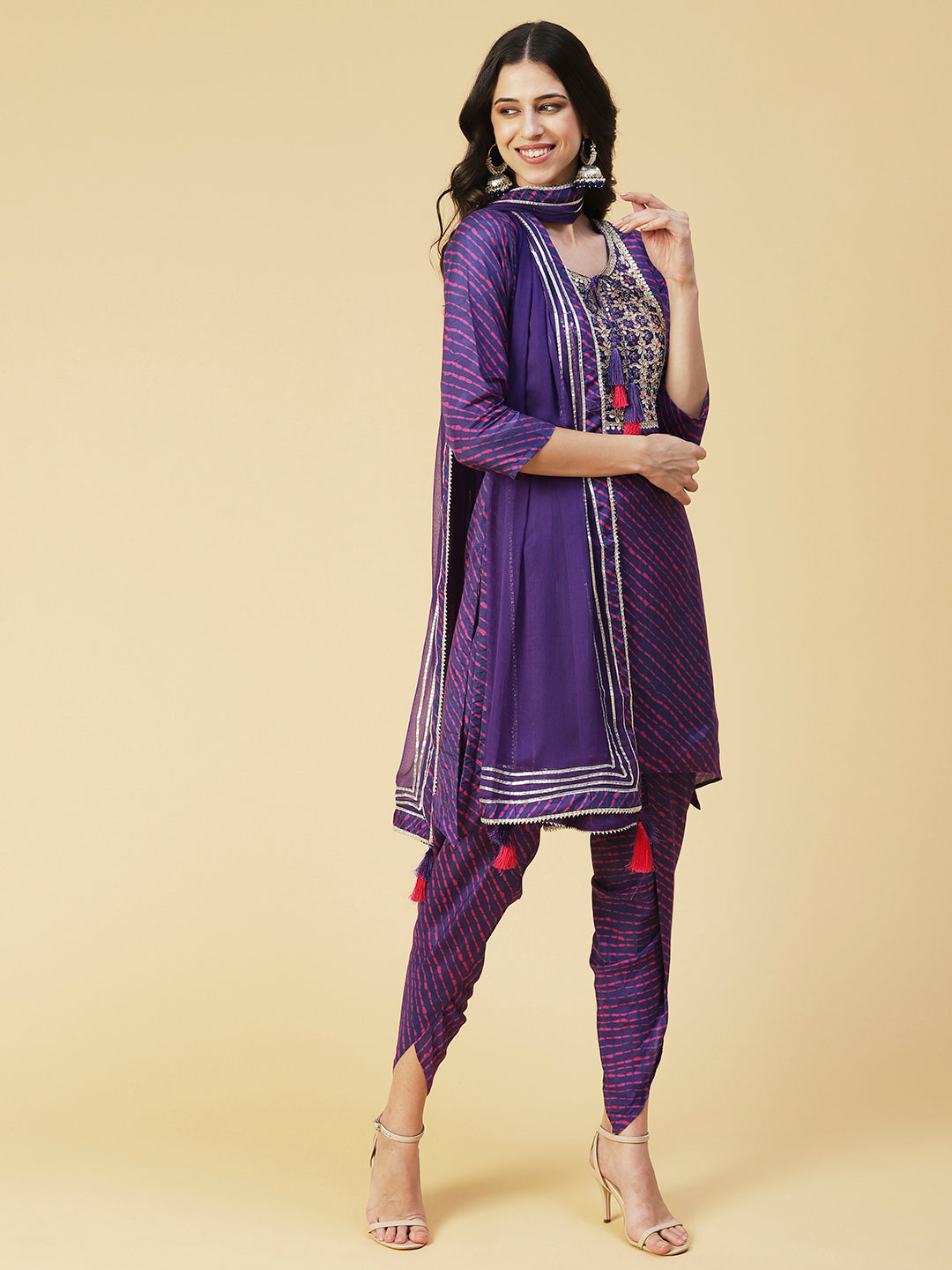 Leheriya Printed & Hand Embroidered Straight Kurta with Pant & Dupatta - Purple