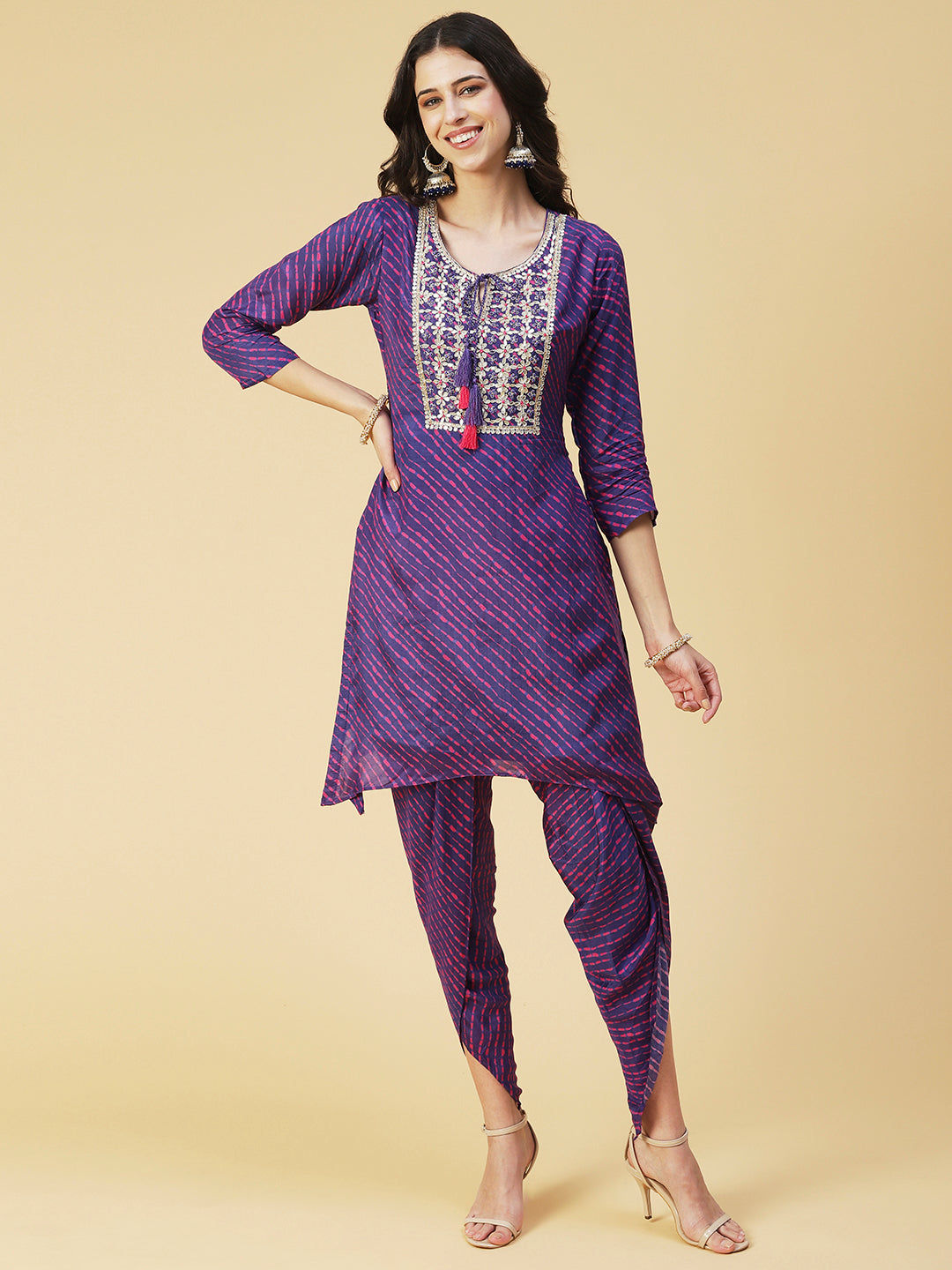 Leheriya Printed & Hand Embroidered Straight Kurta with Pant & Dupatta - Purple