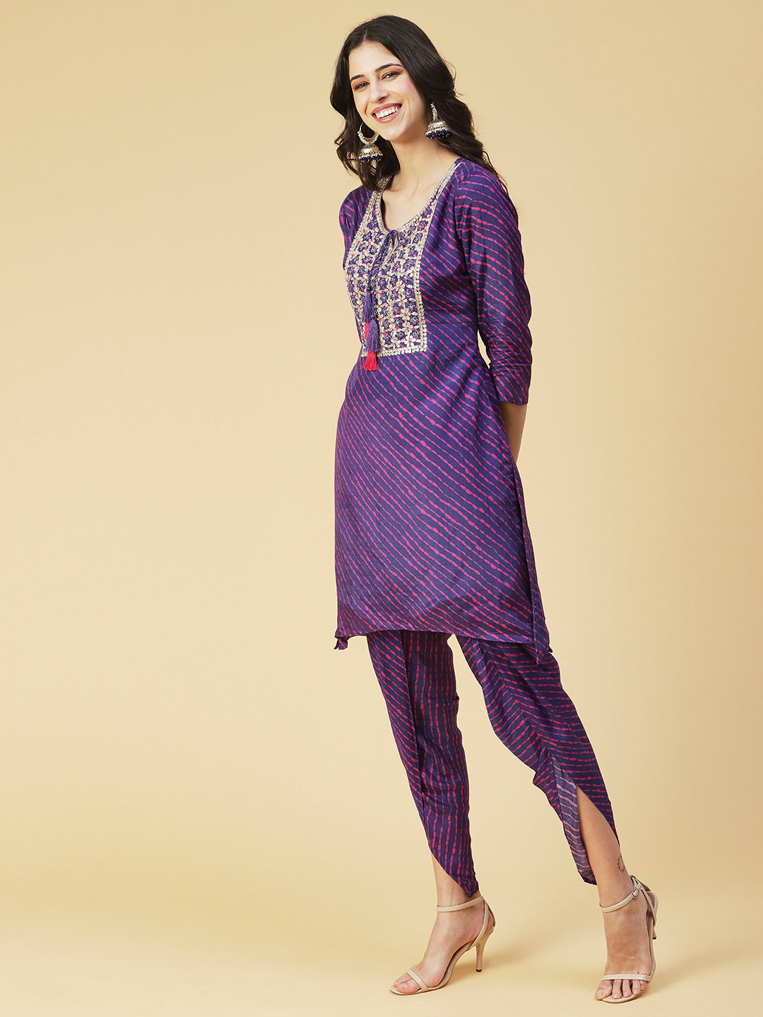 Leheriya Printed & Hand Embroidered Straight Kurta with Pant & Dupatta - Purple