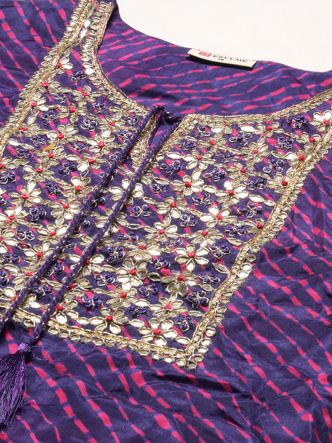 Leheriya Printed & Hand Embroidered Straight Kurta with Pant & Dupatta - Purple