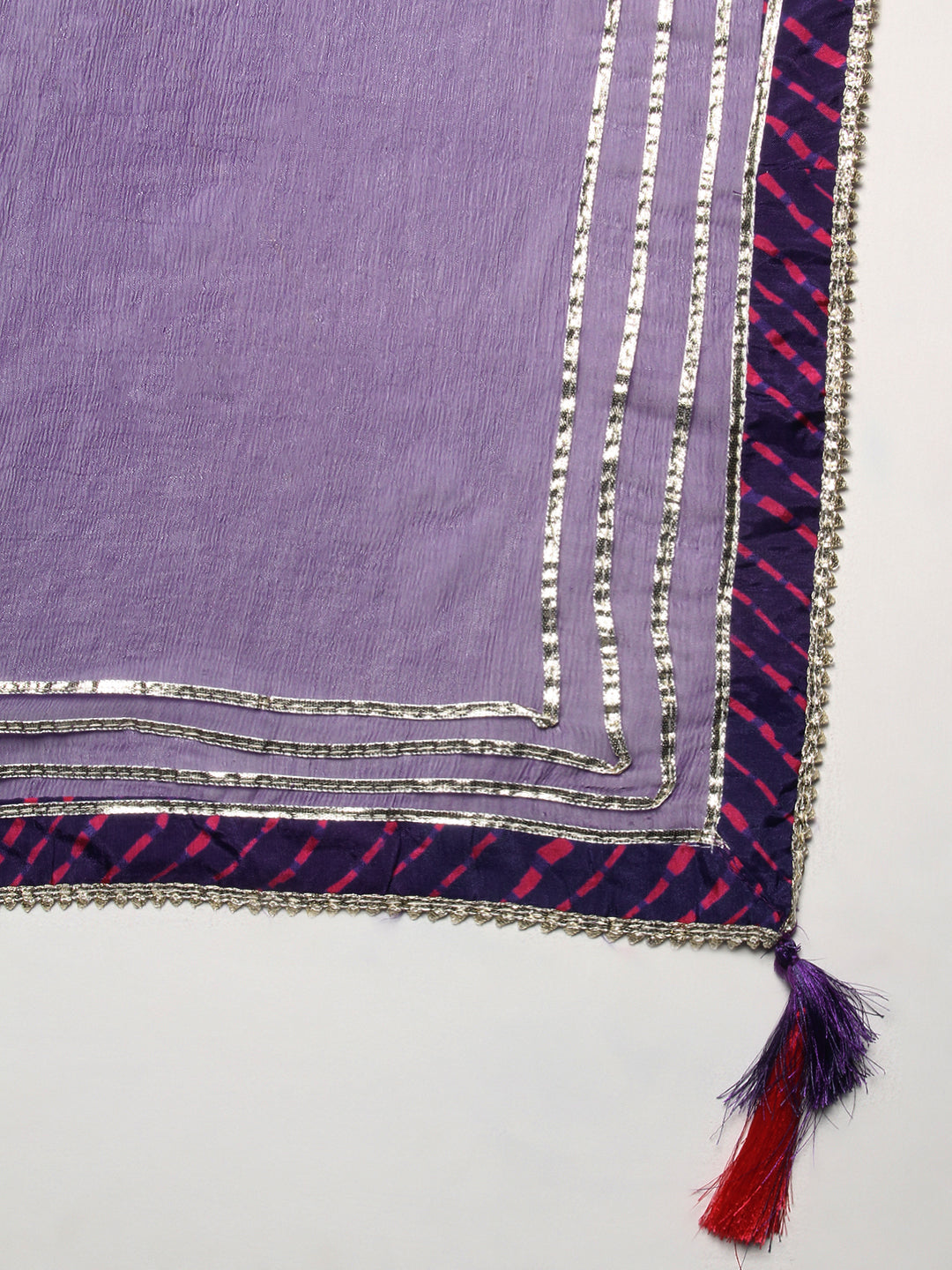 Leheriya Printed & Hand Embroidered Straight Kurta with Pant & Dupatta - Purple