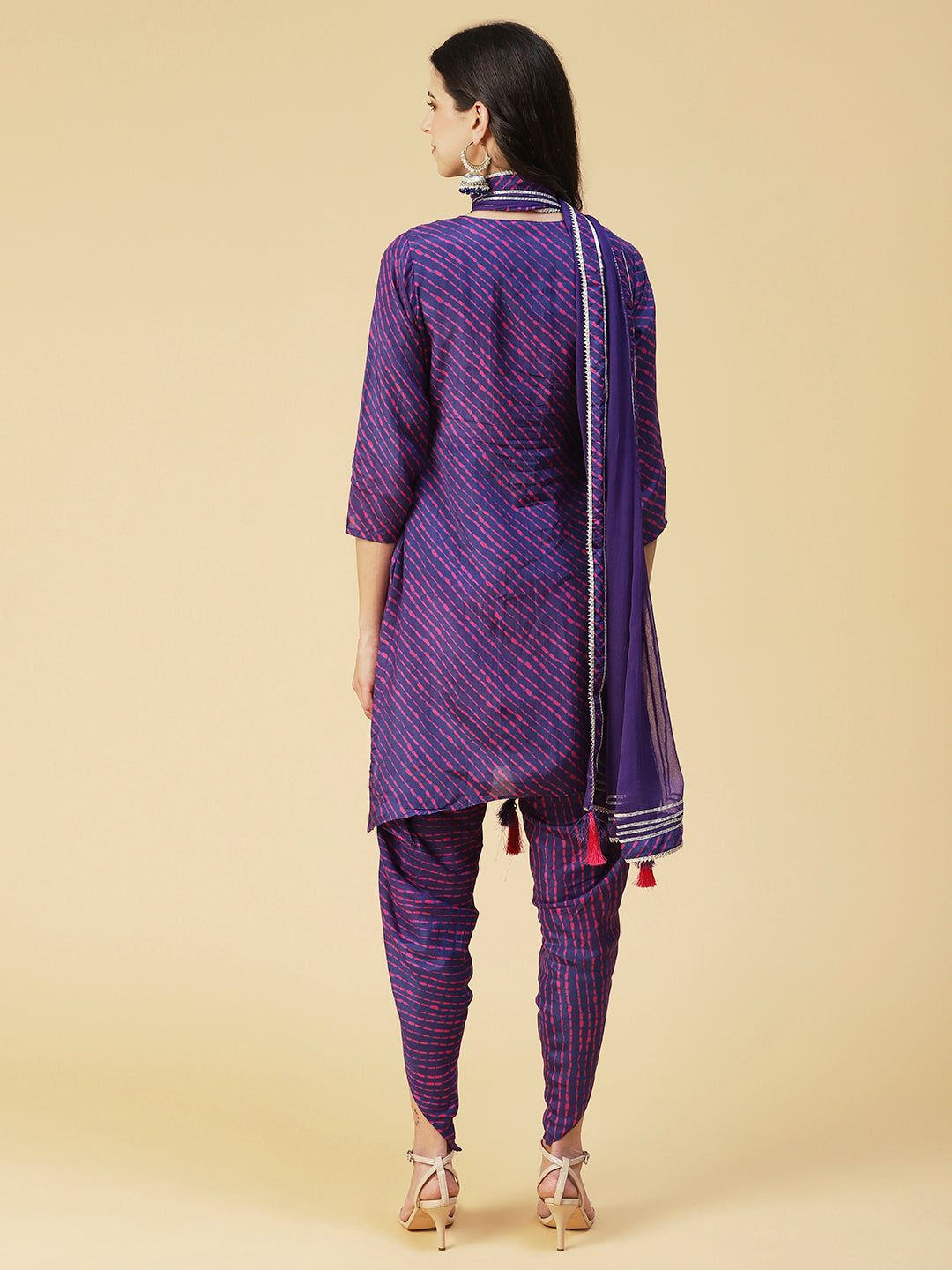 Leheriya Printed & Hand Embroidered Straight Kurta with Pant & Dupatta - Purple