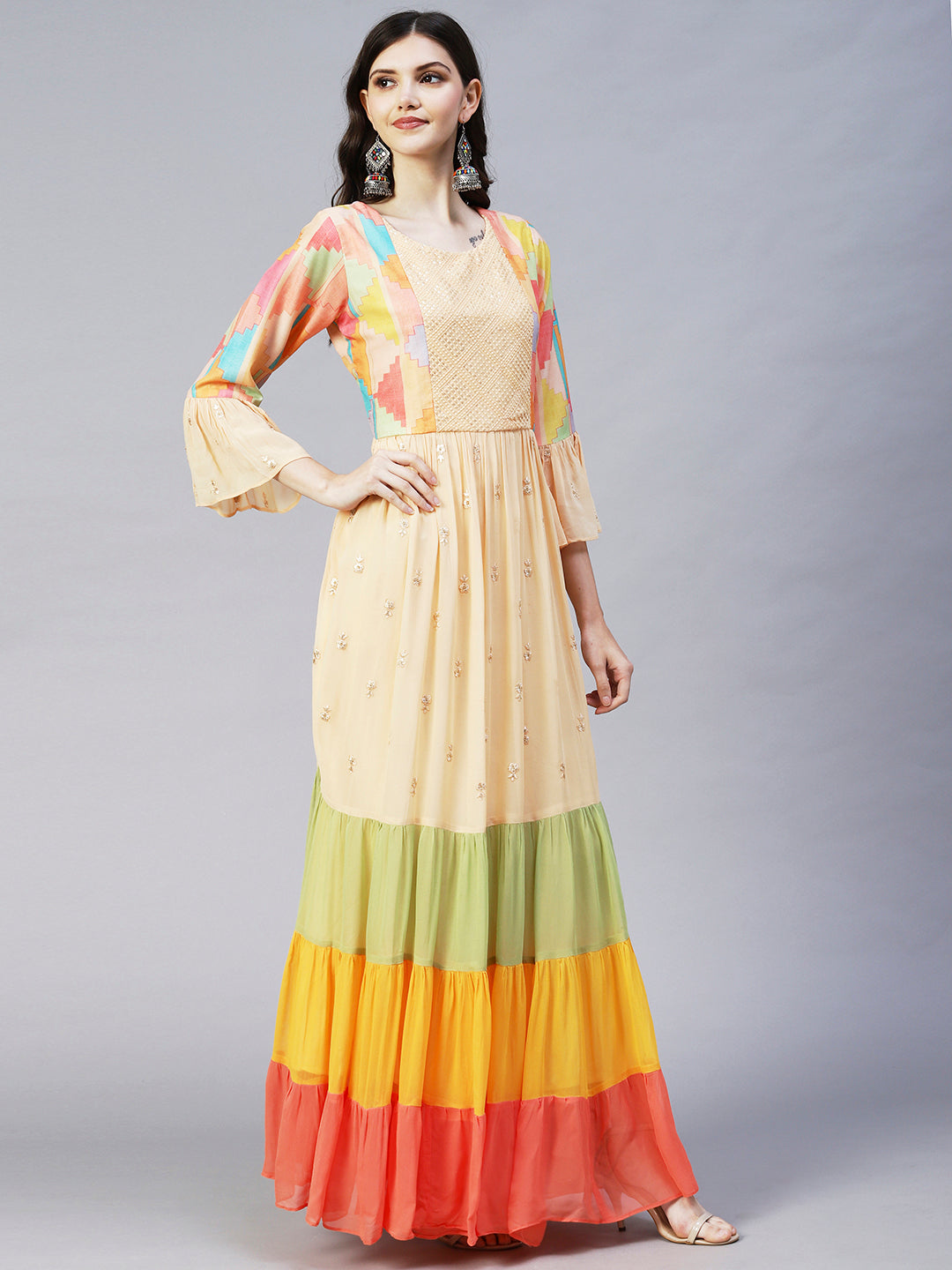 Ethnic Printed & Embroidered Flared Maxi Dress - Cream