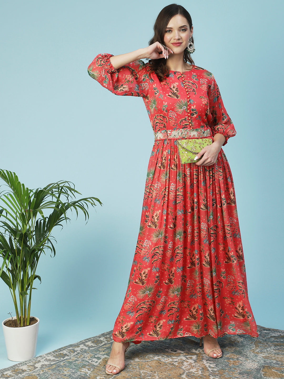 Tropical Printed & Hand Embroidered Flared Maxi Dress - Pink