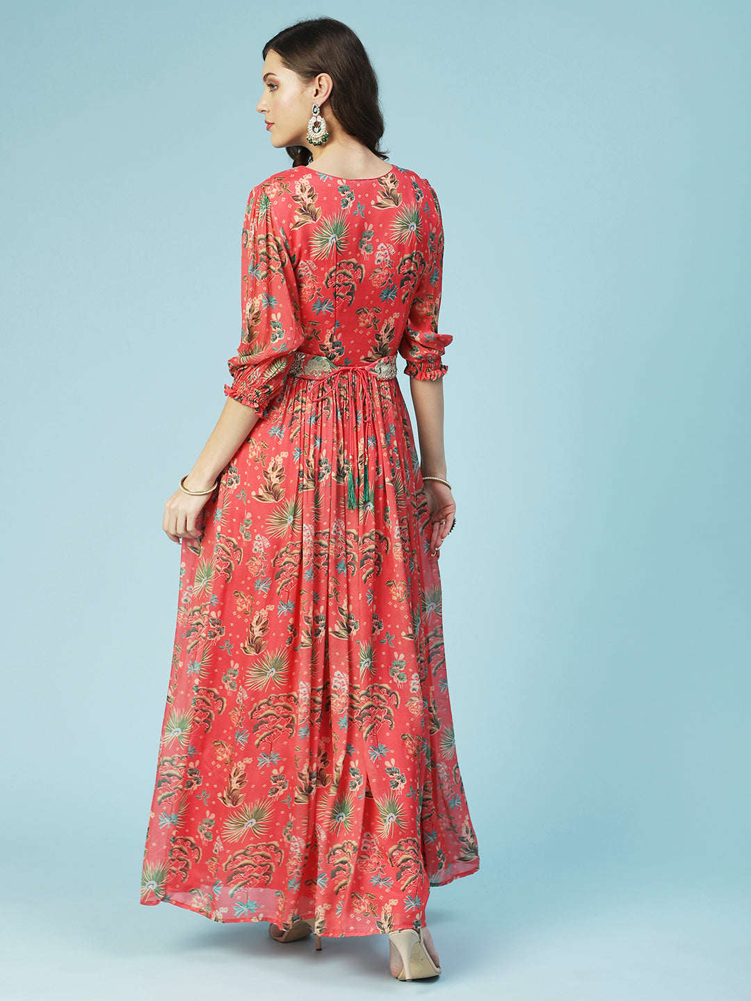 Tropical Printed & Hand Embroidered Flared Maxi Dress - Pink