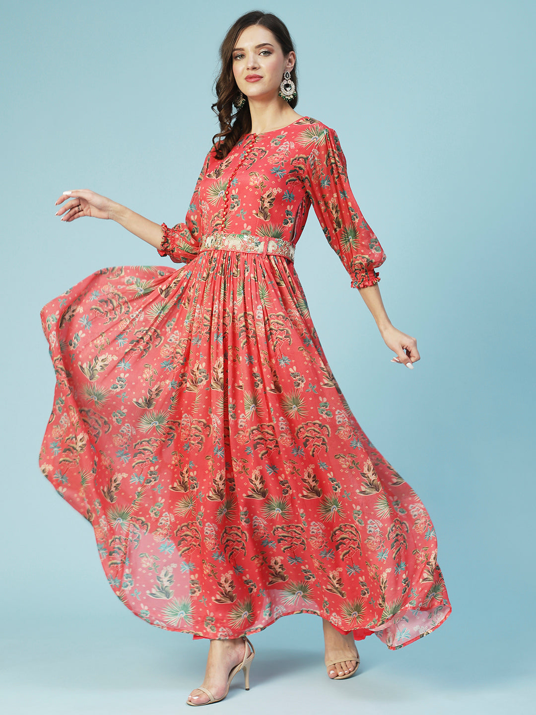 Tropical Printed & Hand Embroidered Flared Maxi Dress - Pink