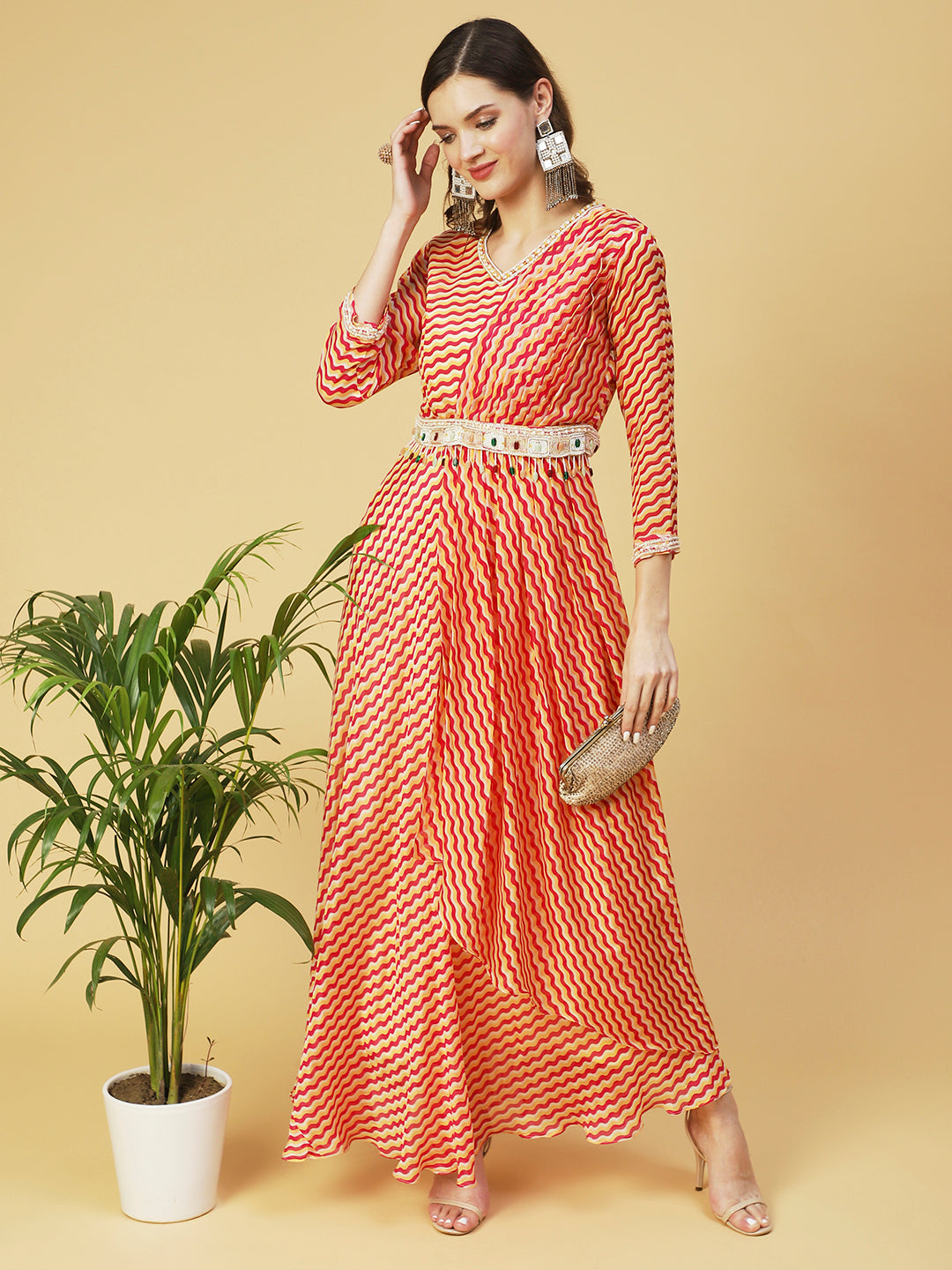 Leheriya Printed Hand Embroidered Fit Flare Maxi Dress Multi