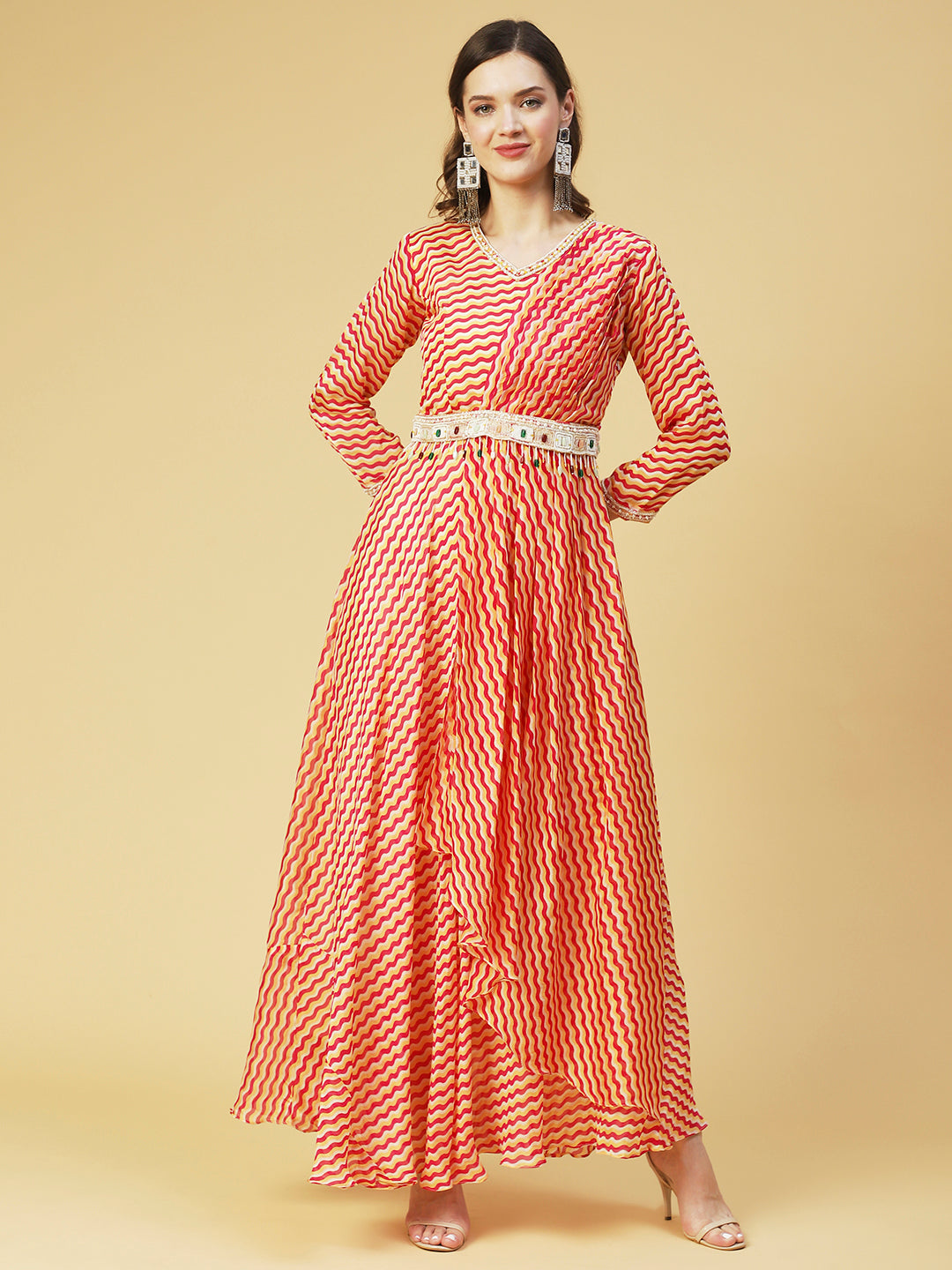 Leheriya Printed & Hand Embroidered Fit & Flare Maxi Dress - Multi