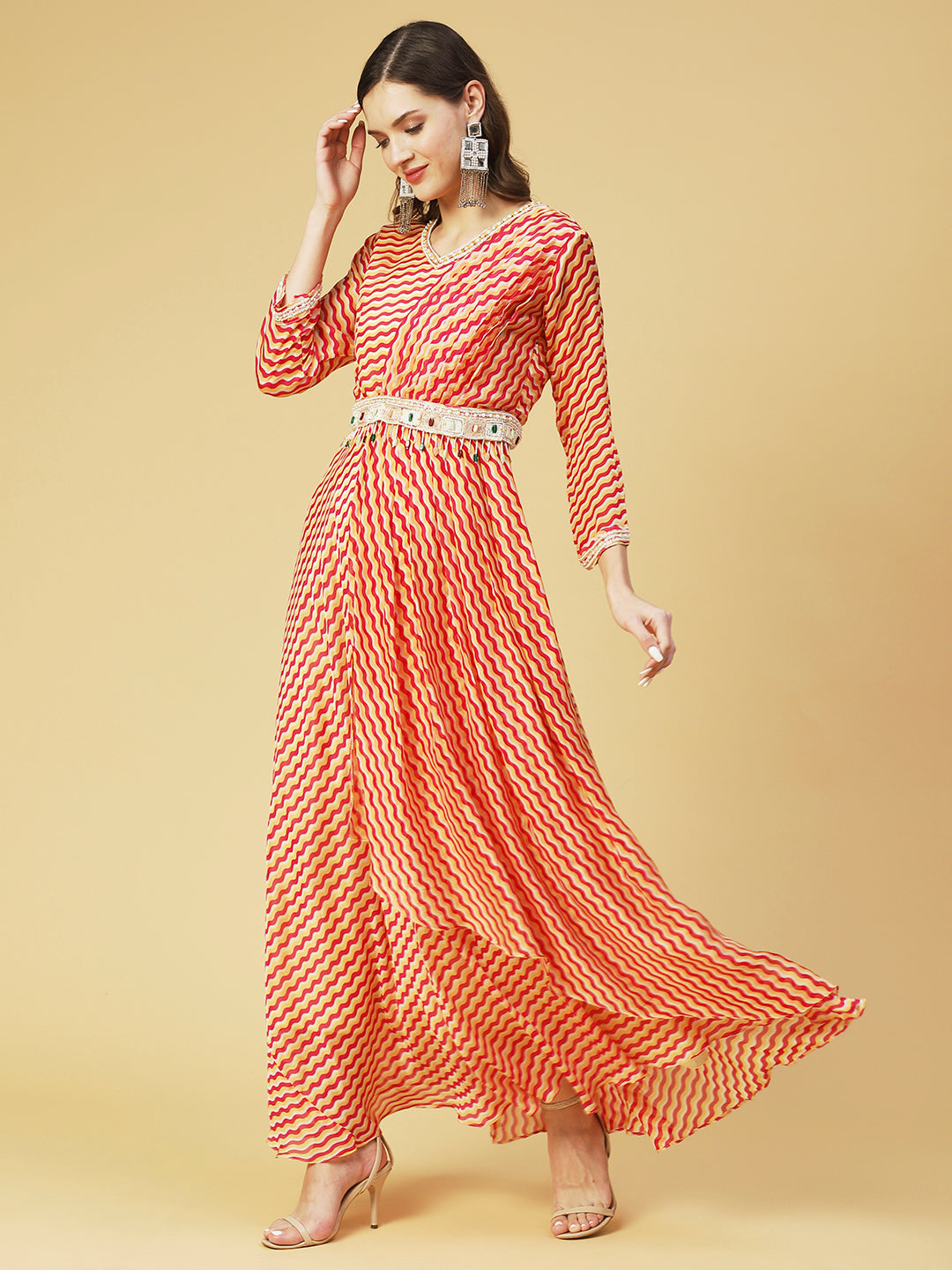 Leheriya Printed & Hand Embroidered Fit & Flare Maxi Dress - Multi