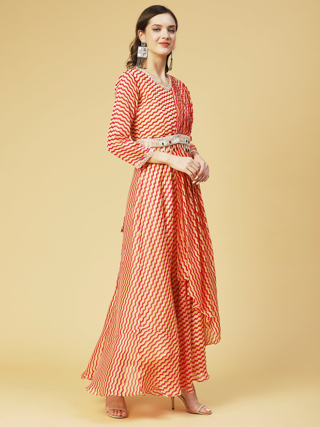 Leheriya Printed & Hand Embroidered Fit & Flare Maxi Dress - Multi