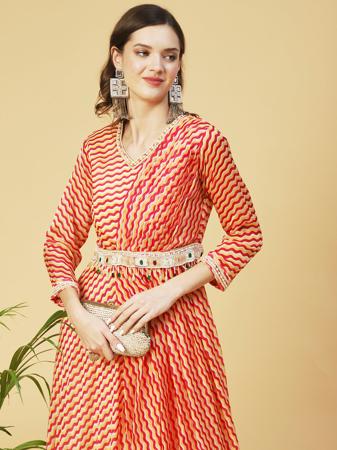 Leheriya Printed & Hand Embroidered Fit & Flare Maxi Dress - Multi