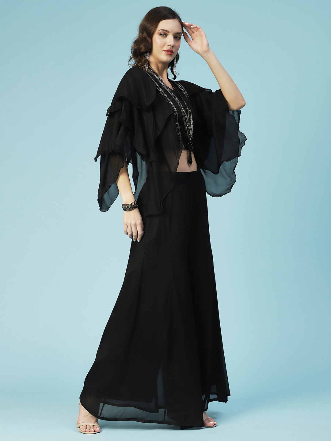 Solid Lace Ornamented Layered Crop Top With Palazzo - Black