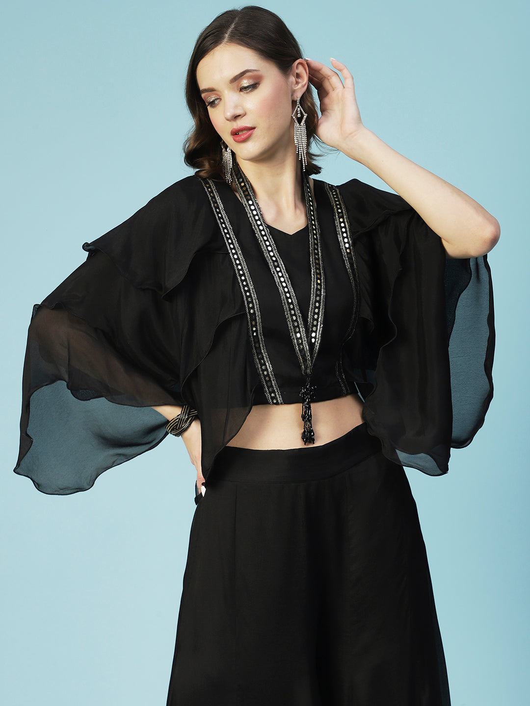 Solid Lace Ornamented Layered Crop Top With Palazzo - Black