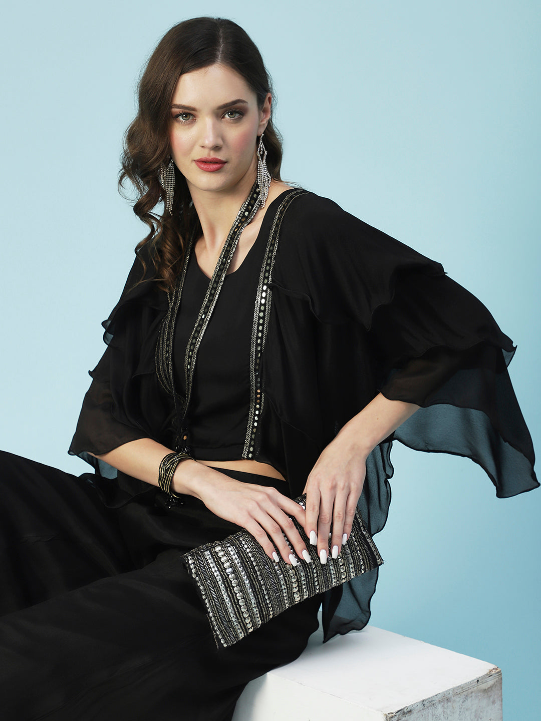 Solid Lace Ornamented Layered Crop Top With Palazzo - Black