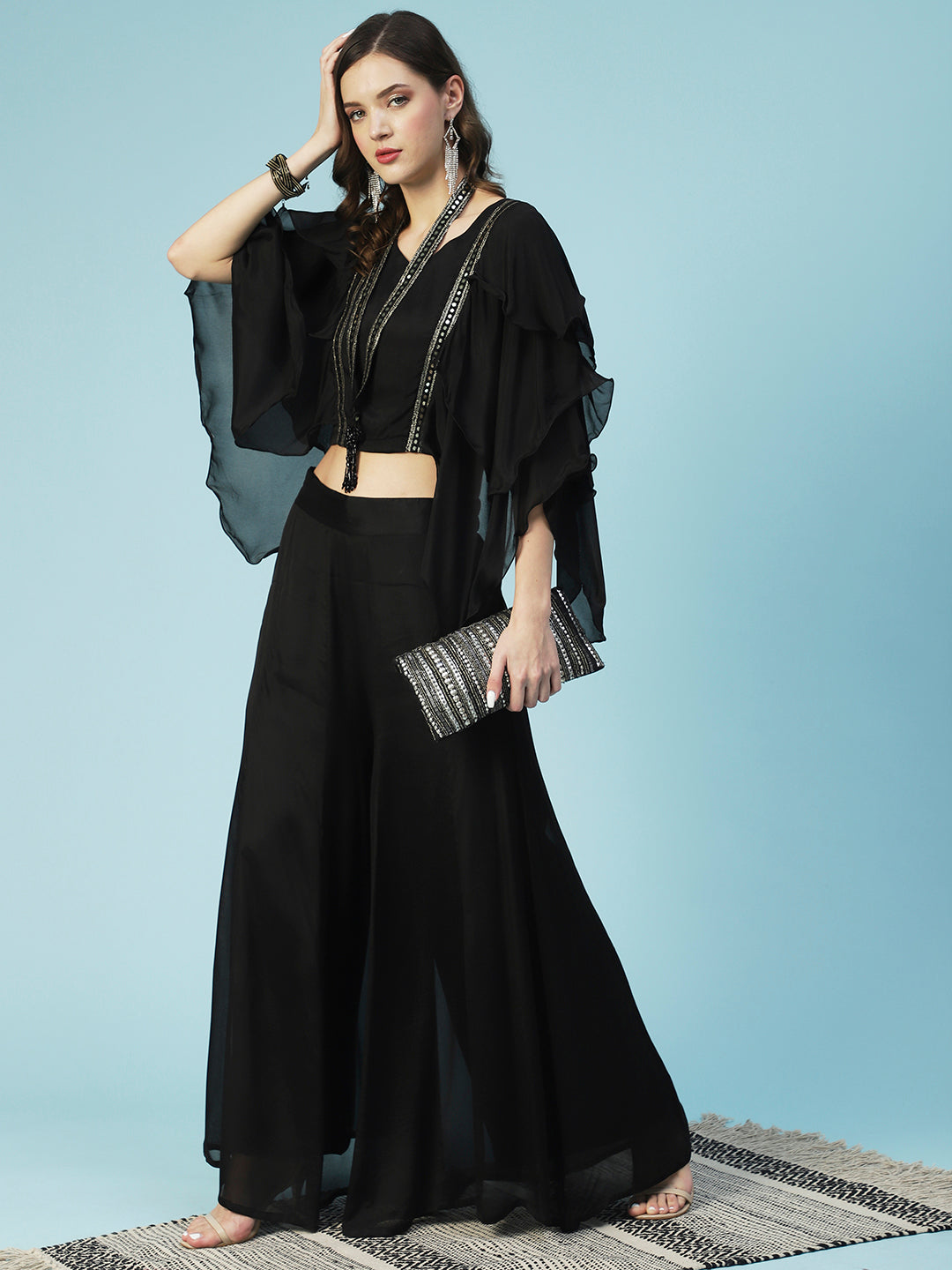 Solid Lace Ornamented Layered Crop Top With Palazzo - Black