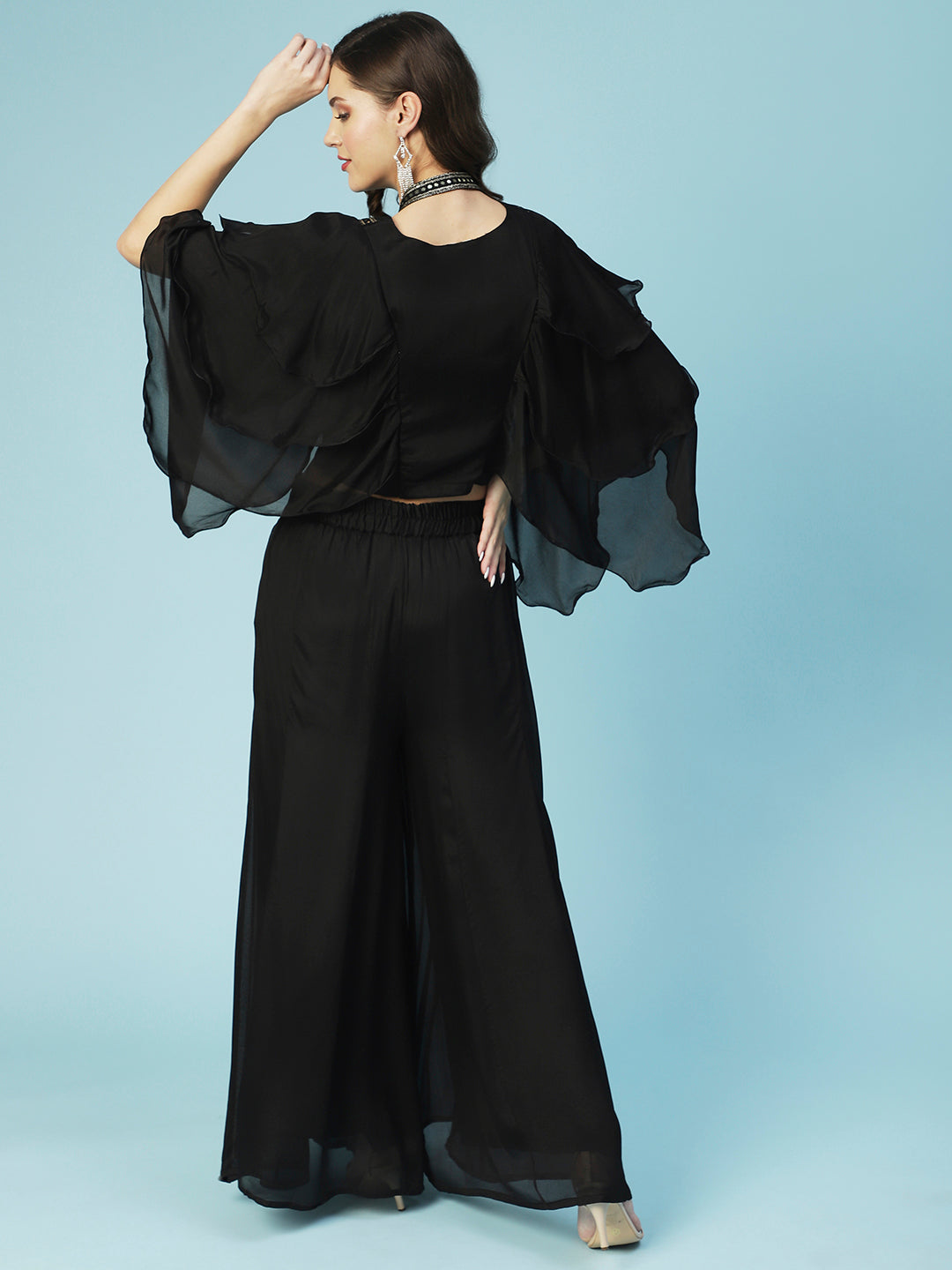 Solid Lace Ornamented Layered Crop Top With Palazzo - Black