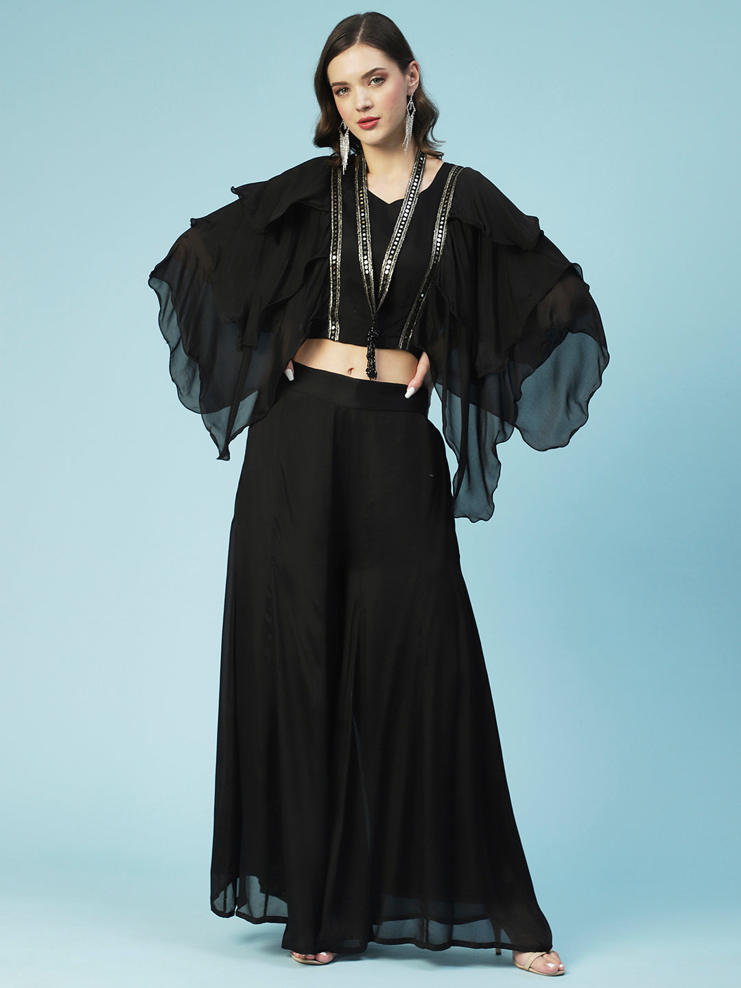 Solid Lace Ornamented Layered Crop Top With Palazzo - Black