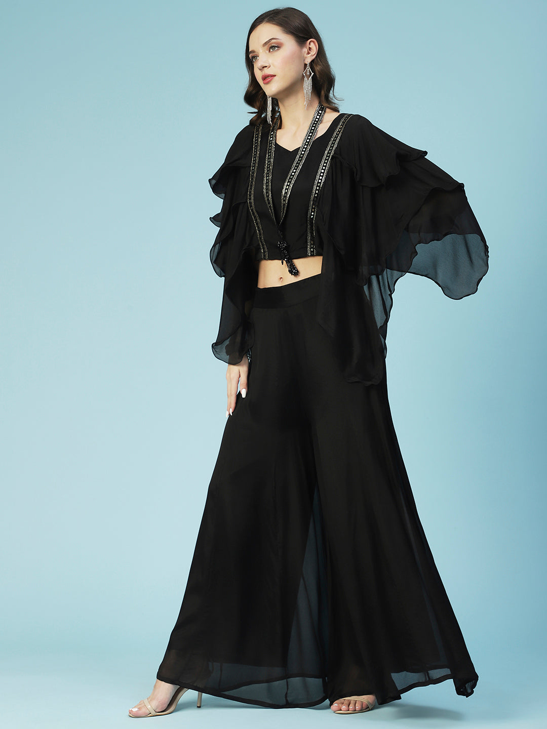 Solid Lace Ornamented Layered Crop Top With Palazzo - Black