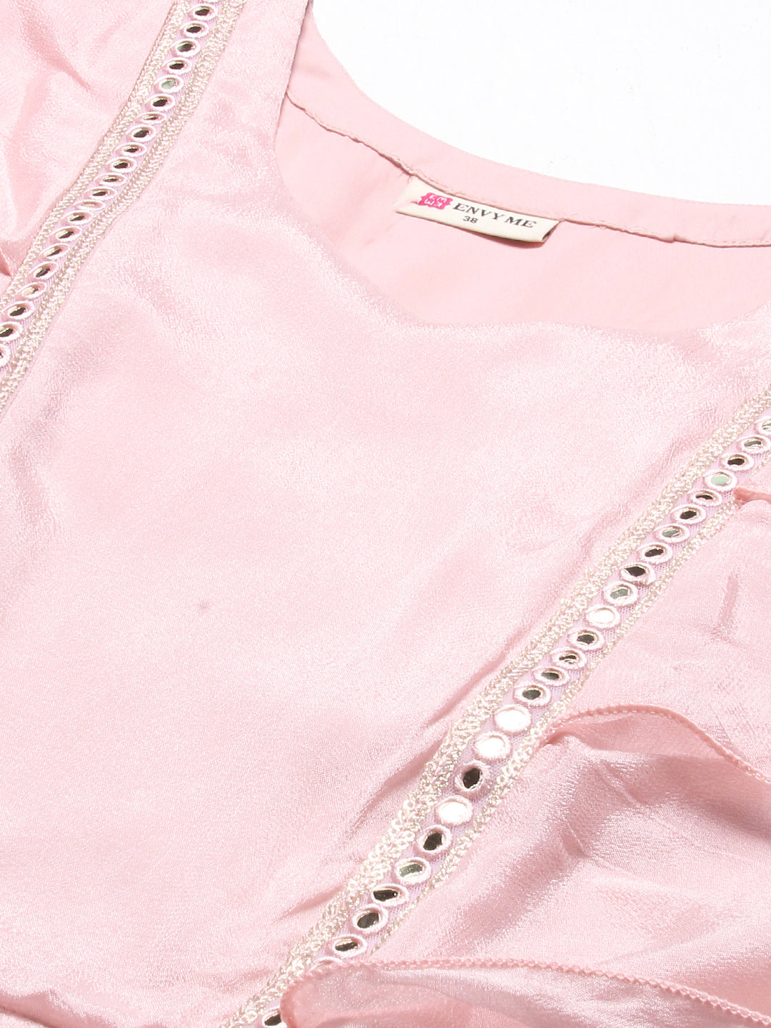 Solid Lace Ornamented Layered Crop Top With Palazzo - Rose