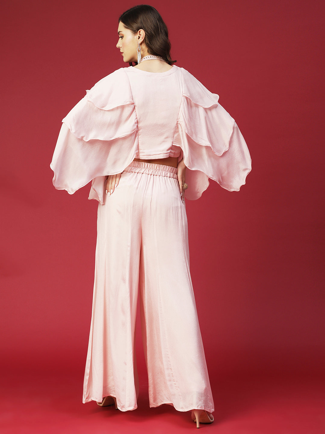 Solid Lace Ornamented Layered Crop Top With Palazzo - Rose