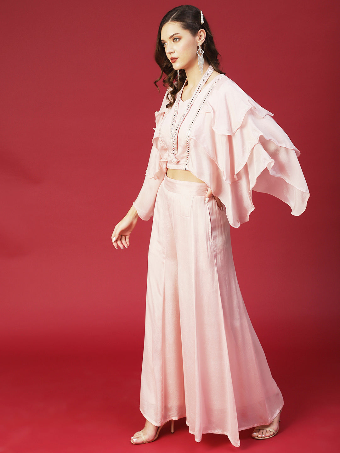 Solid Lace Ornamented Layered Crop Top With Palazzo - Rose