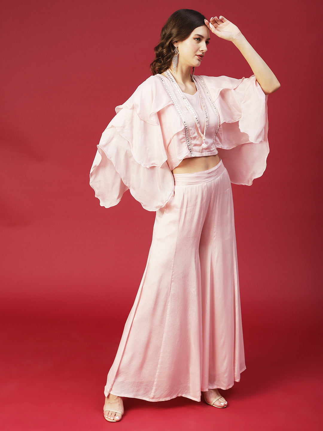 Solid Lace Ornamented Layered Crop Top With Palazzo - Rose