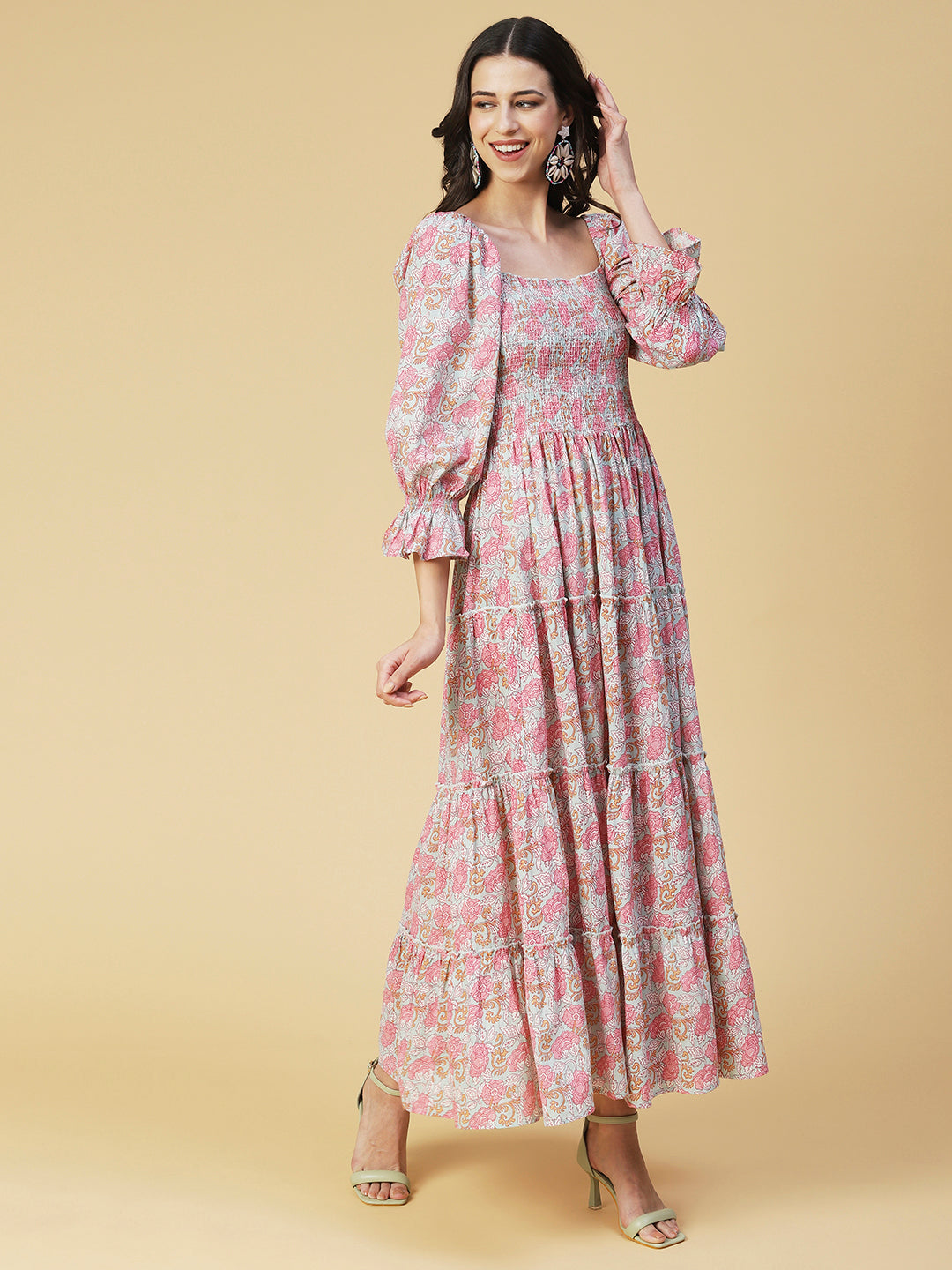 Floral Printed Smocked Bishop Sleeves Dress - Rose