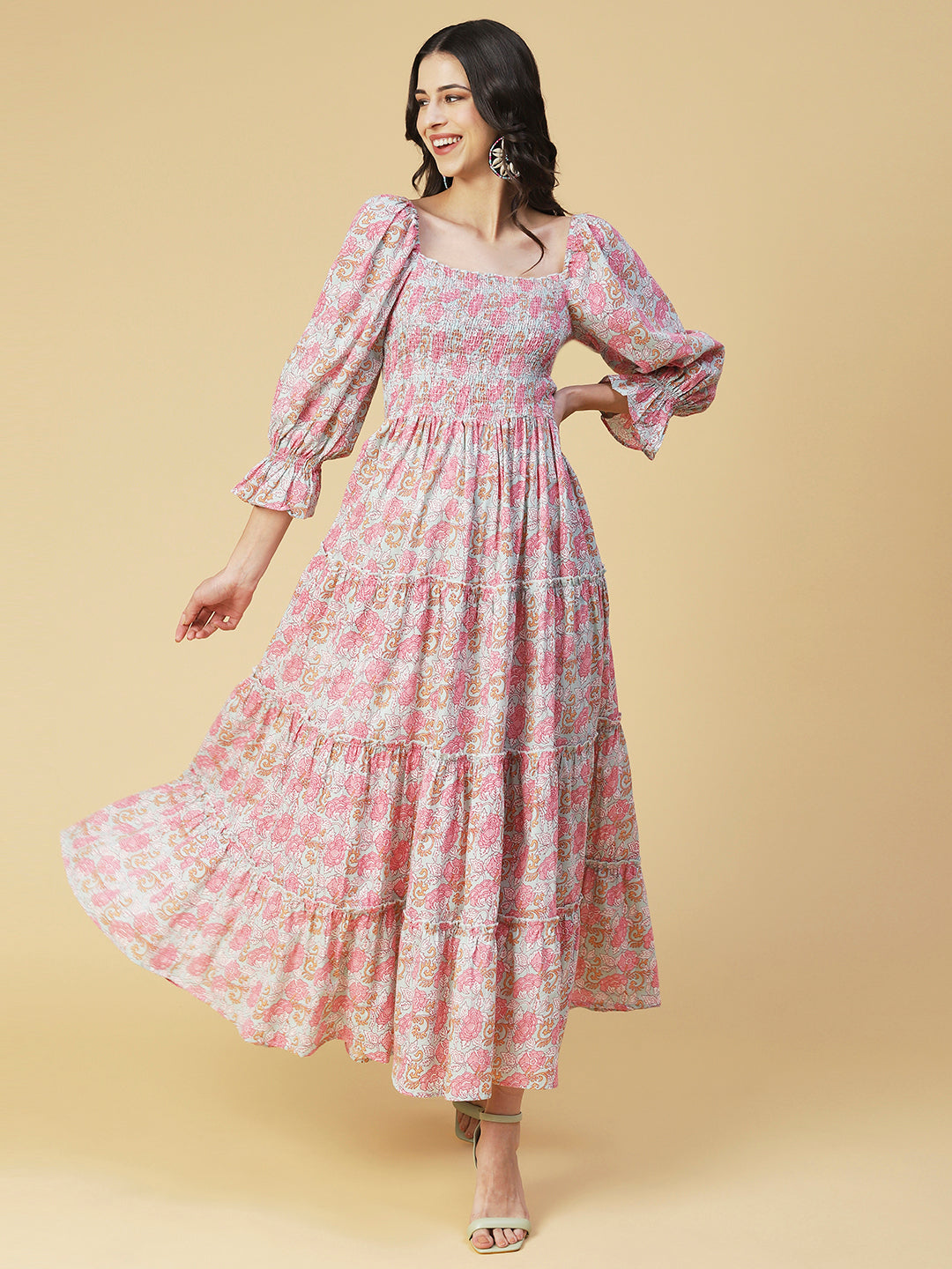 Floral Printed Smocked Bishop Sleeves Dress - Rose