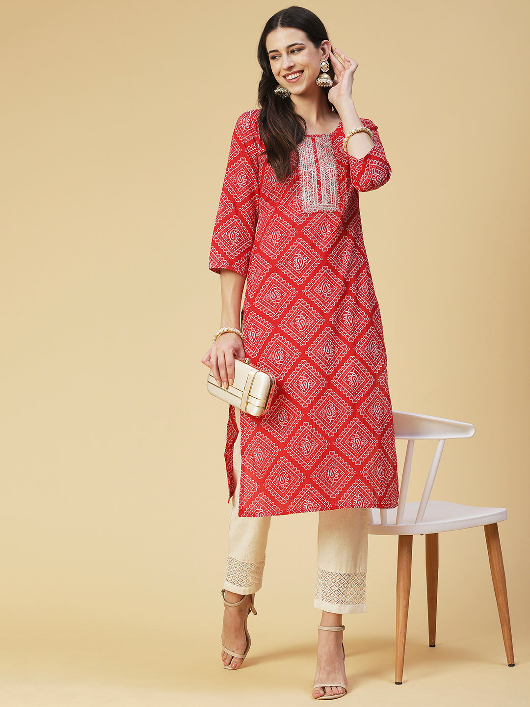 Bandhani Printed Zari & Sequins Embroidered Kurta - Red