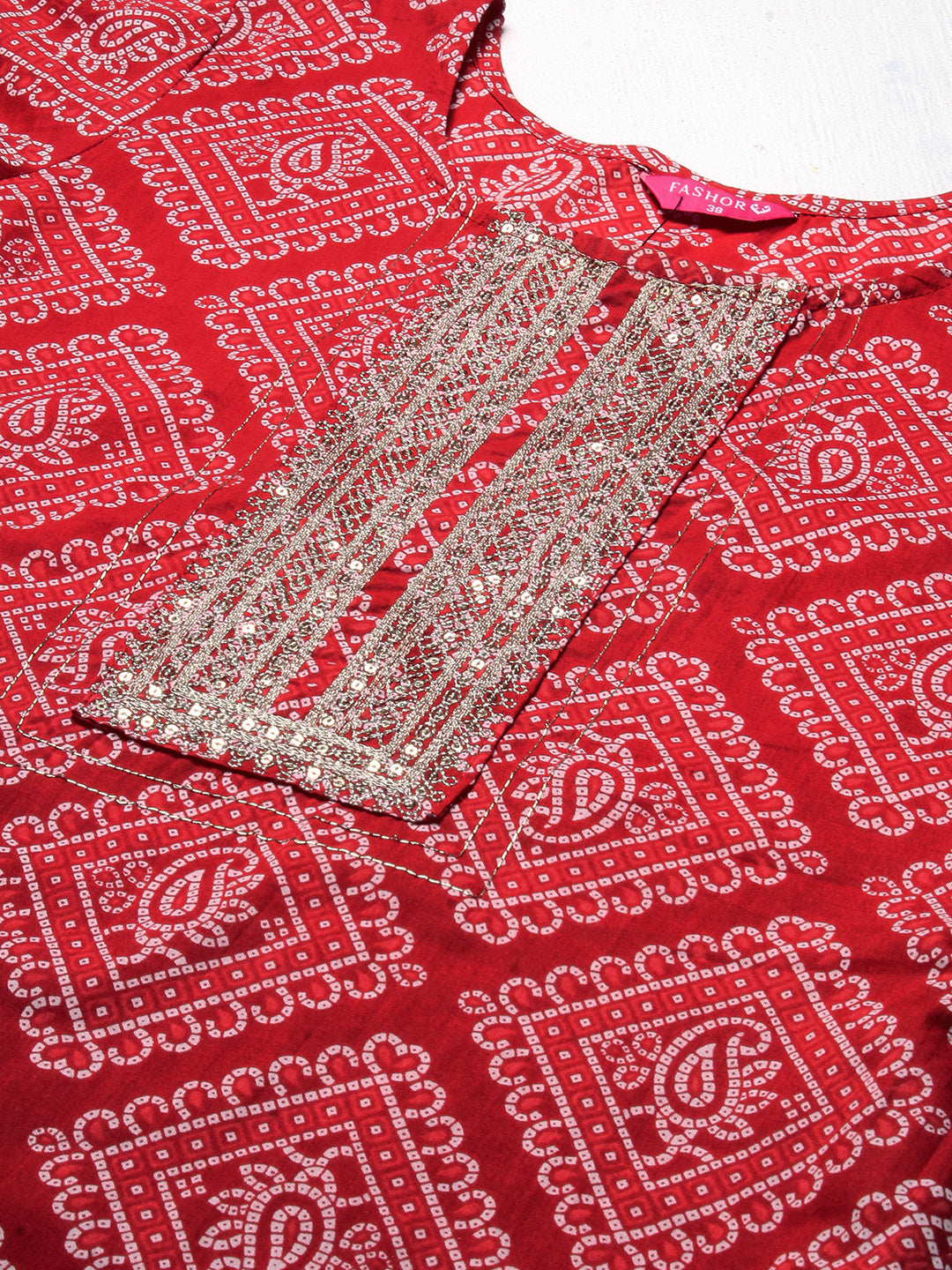 Bandhani Printed Zari & Sequins Embroidered Kurta - Red