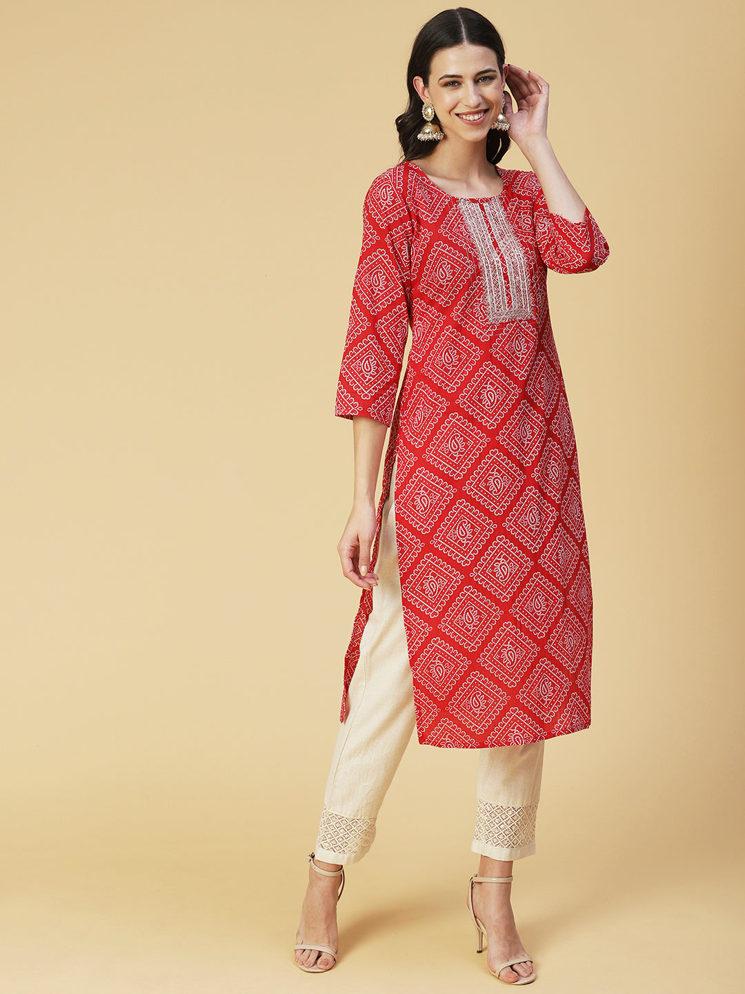 Bandhani Printed Zari & Sequins Embroidered Kurta - Red