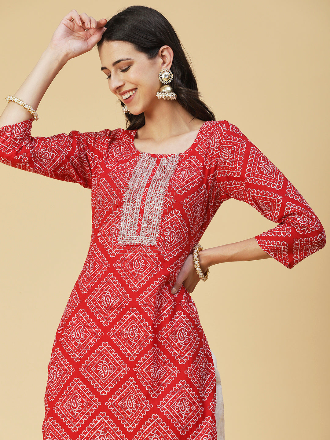Bandhani Printed Zari & Sequins Embroidered Kurta - Red