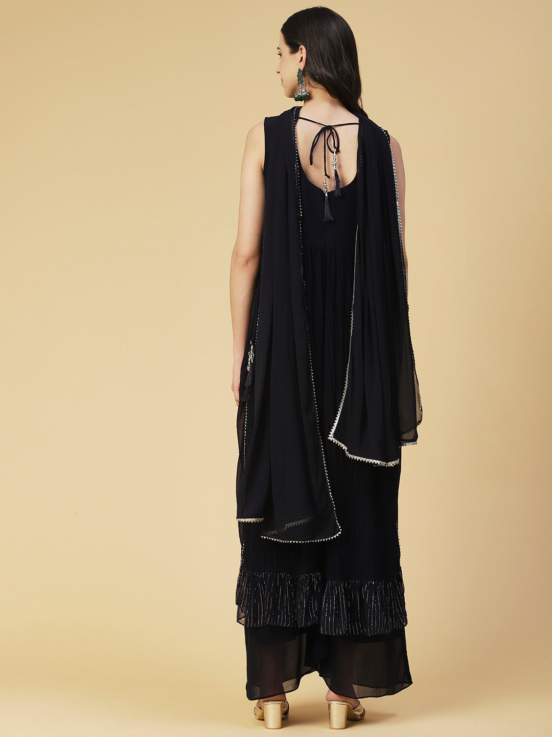 Ethnic Printed & Mirror Embroidered A-Line Kurta with Palazzo & Dupatta - Navy Blue