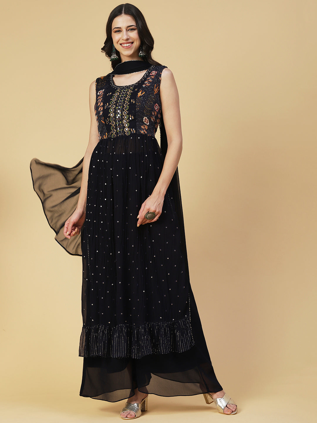 Ethnic Printed & Mirror Embroidered A-Line Kurta with Palazzo & Dupatta - Navy Blue