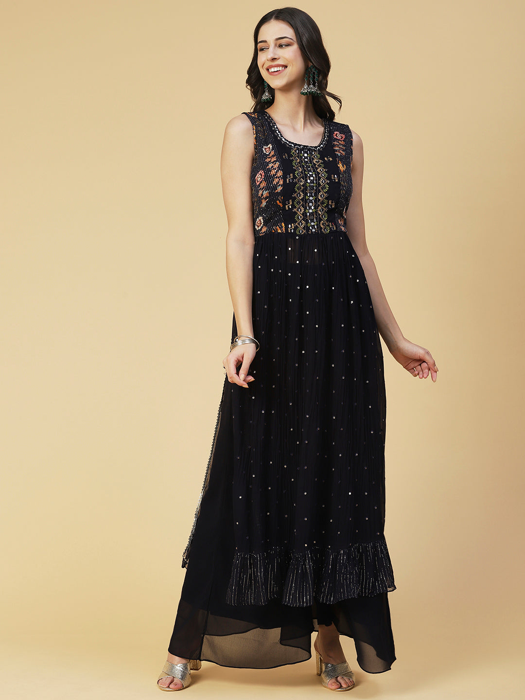 Ethnic Printed & Mirror Embroidered A-Line Kurta with Palazzo & Dupatta - Navy Blue