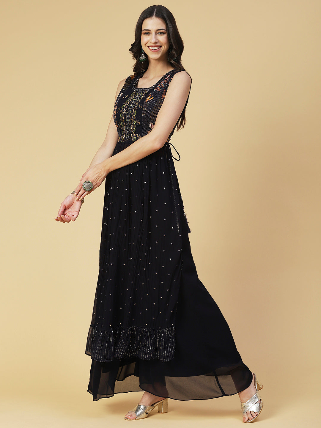 Ethnic Printed & Mirror Embroidered A-Line Kurta with Palazzo & Dupatta - Navy Blue