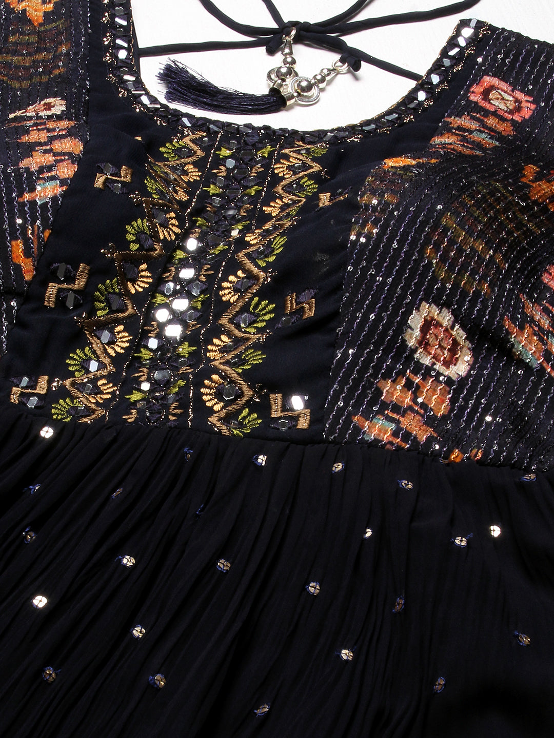 Ethnic Printed & Mirror Embroidered A-Line Kurta with Palazzo & Dupatta - Navy Blue