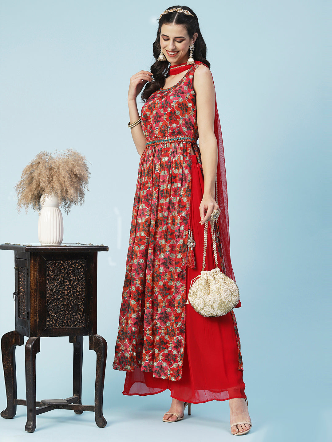 Floral Printed Zari Embroidered High Slit Kurta With Palazzo & Dupatta - Red