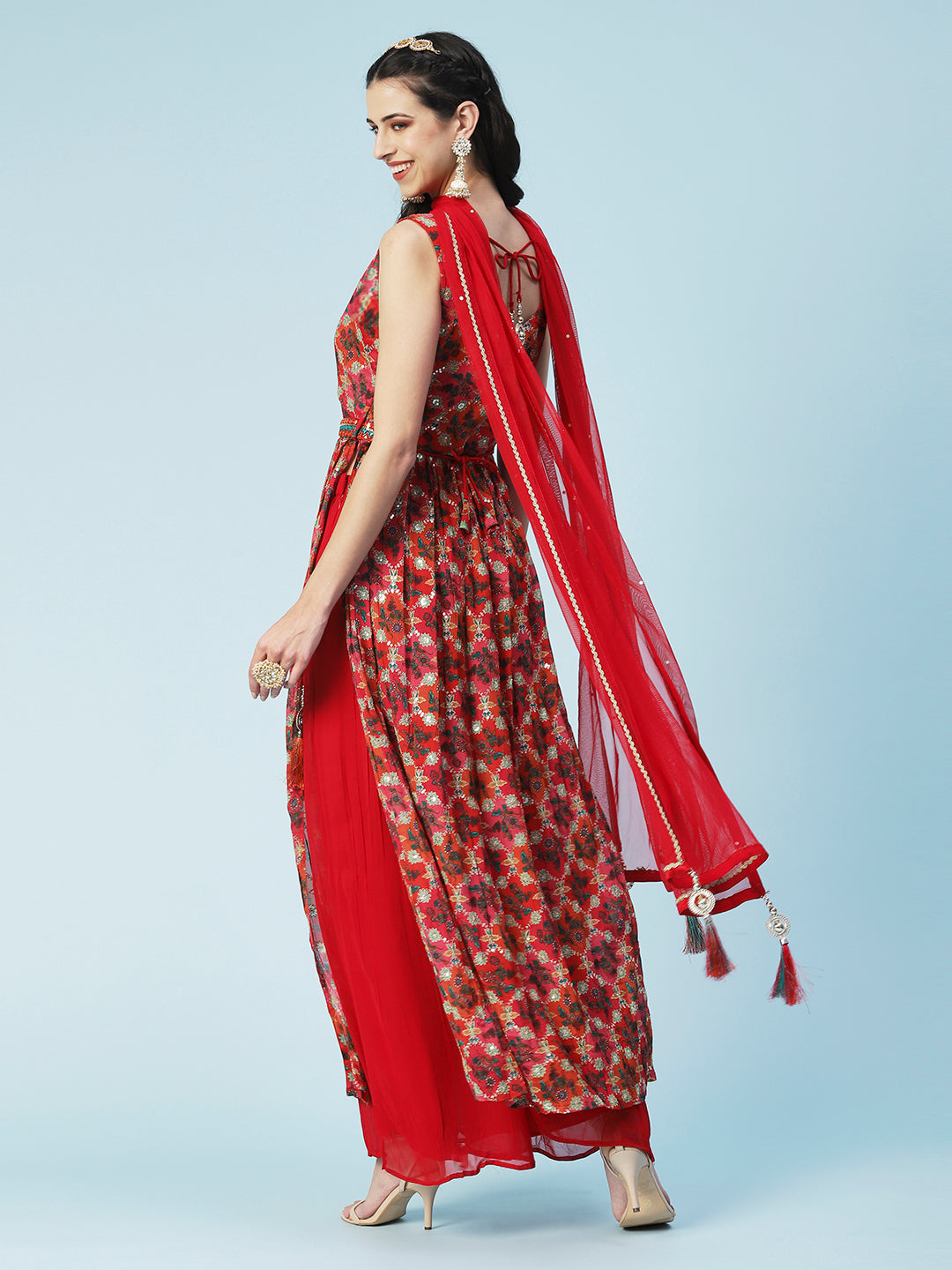 Floral Printed Zari Embroidered High Slit Kurta With Palazzo & Dupatta - Red