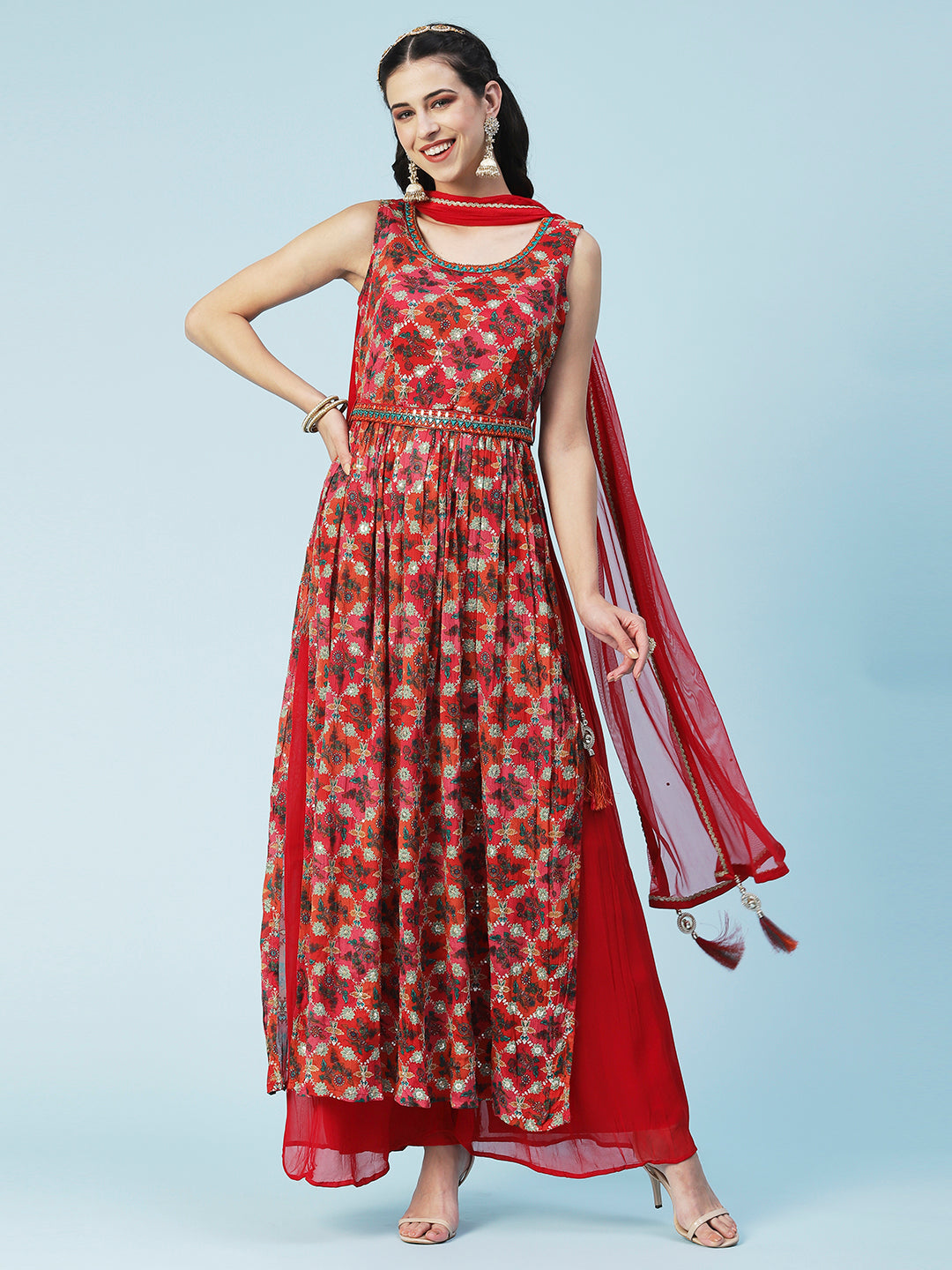 Floral Printed Zari Embroidered High Slit Kurta With Palazzo & Dupatta - Red