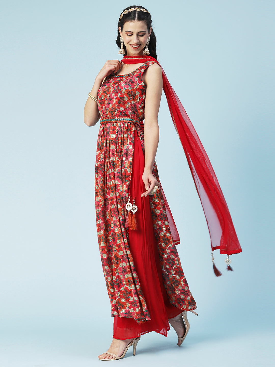 Floral Printed Zari Embroidered High Slit Kurta With Palazzo & Dupatta - Red