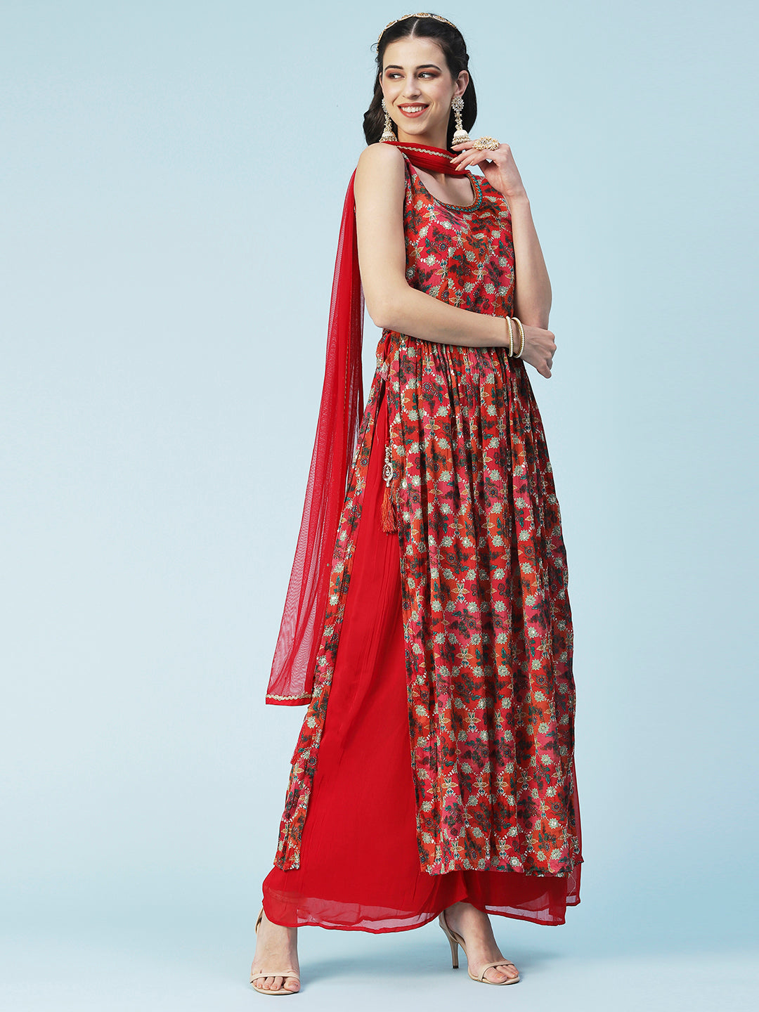 Floral Printed Zari Embroidered High Slit Kurta With Palazzo & Dupatta - Red