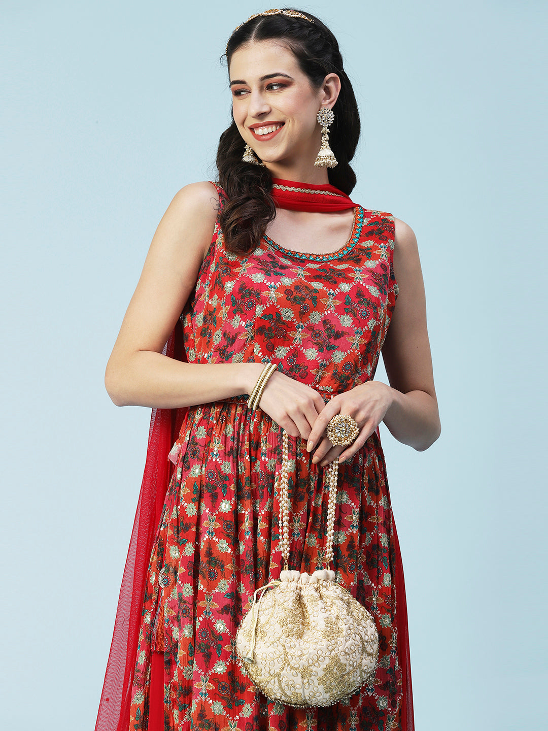 Floral Printed Zari Embroidered High Slit Kurta With Palazzo & Dupatta - Red