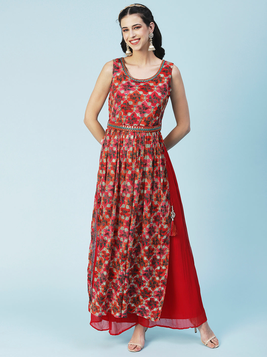 Floral Printed Zari Embroidered High Slit Kurta With Palazzo & Dupatta - Red