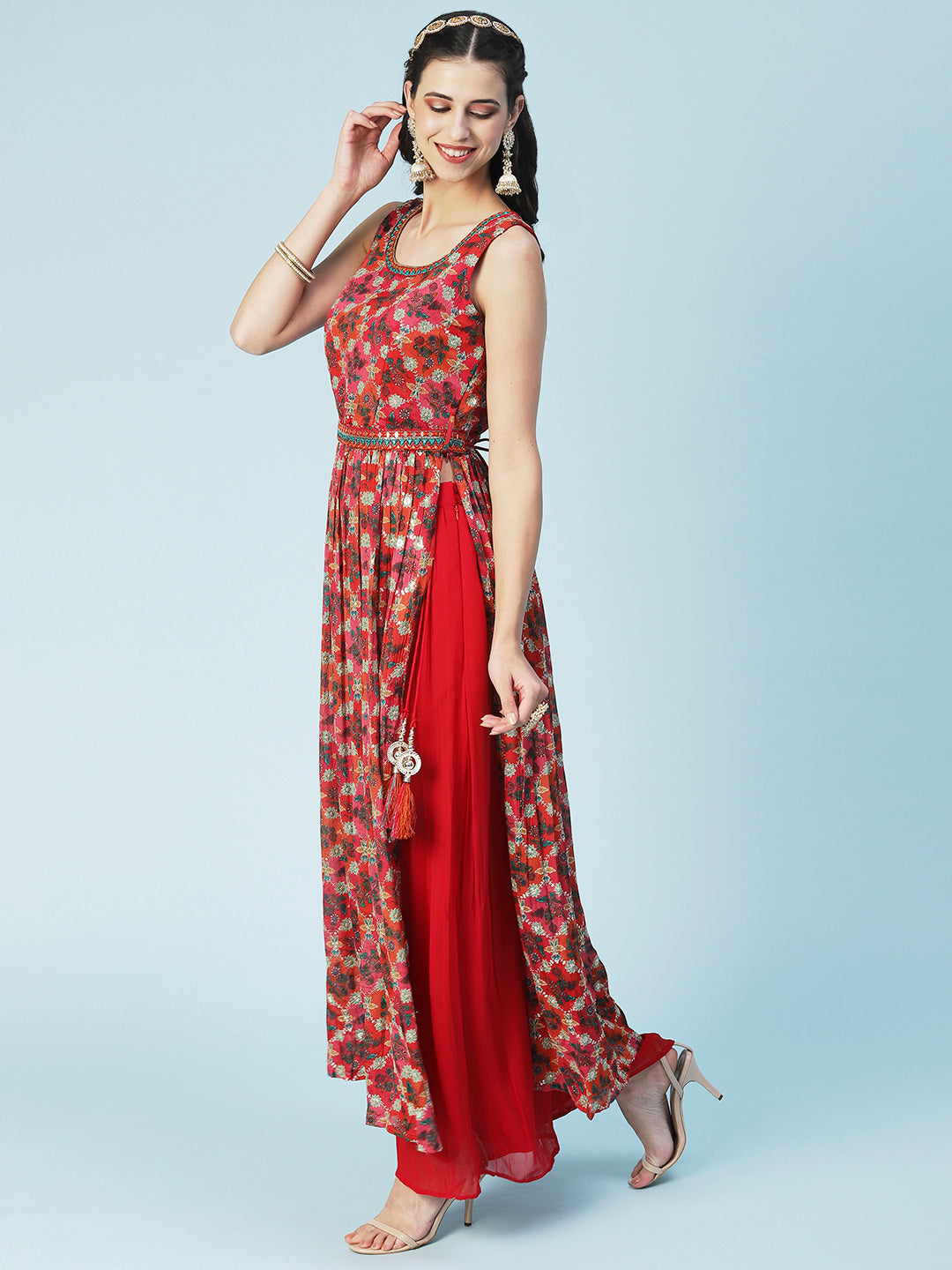 Floral Printed Zari Embroidered High Slit Kurta With Palazzo & Dupatta - Red
